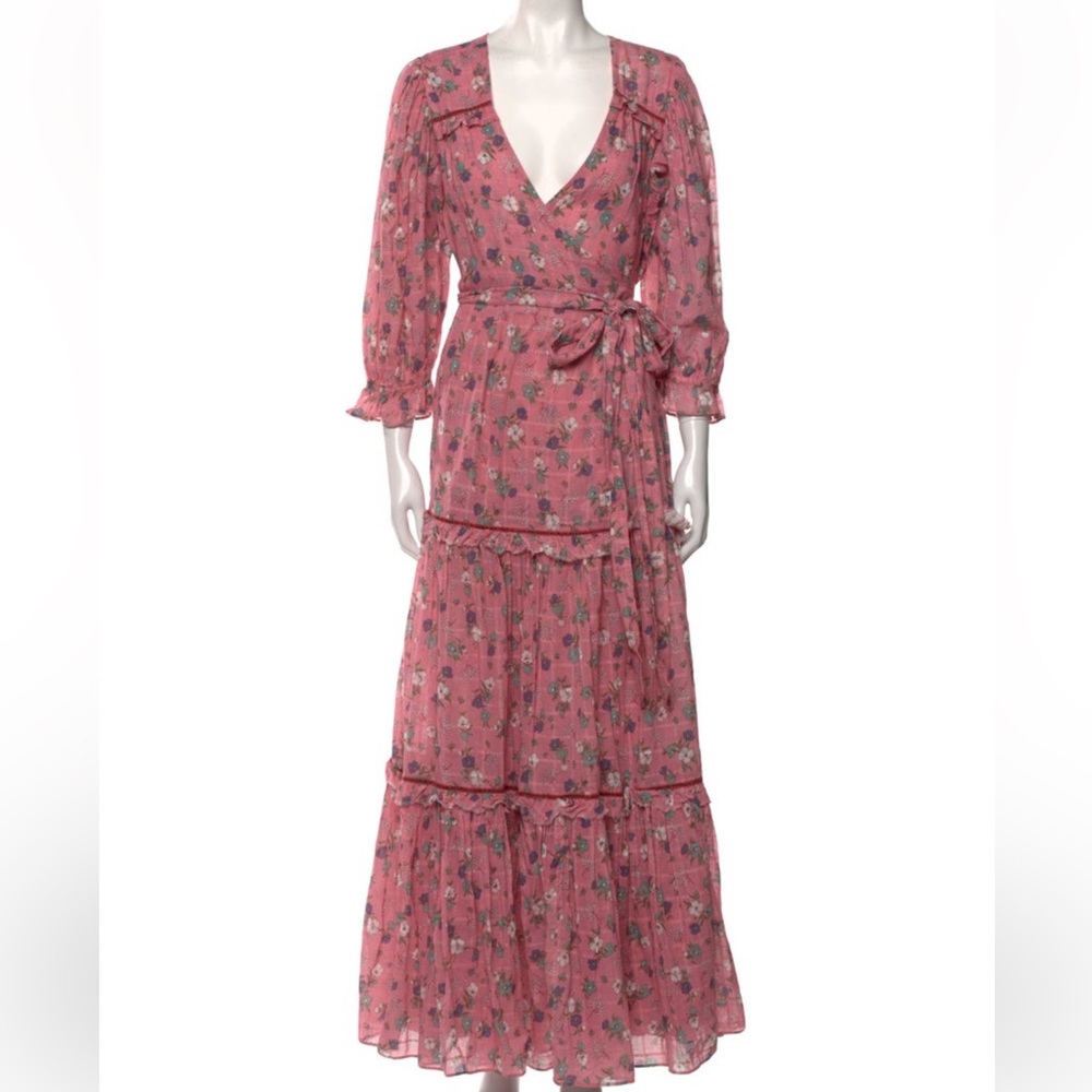 LoveShackFancy Pink Wrap Maxi Dress with Bishop Sleeves